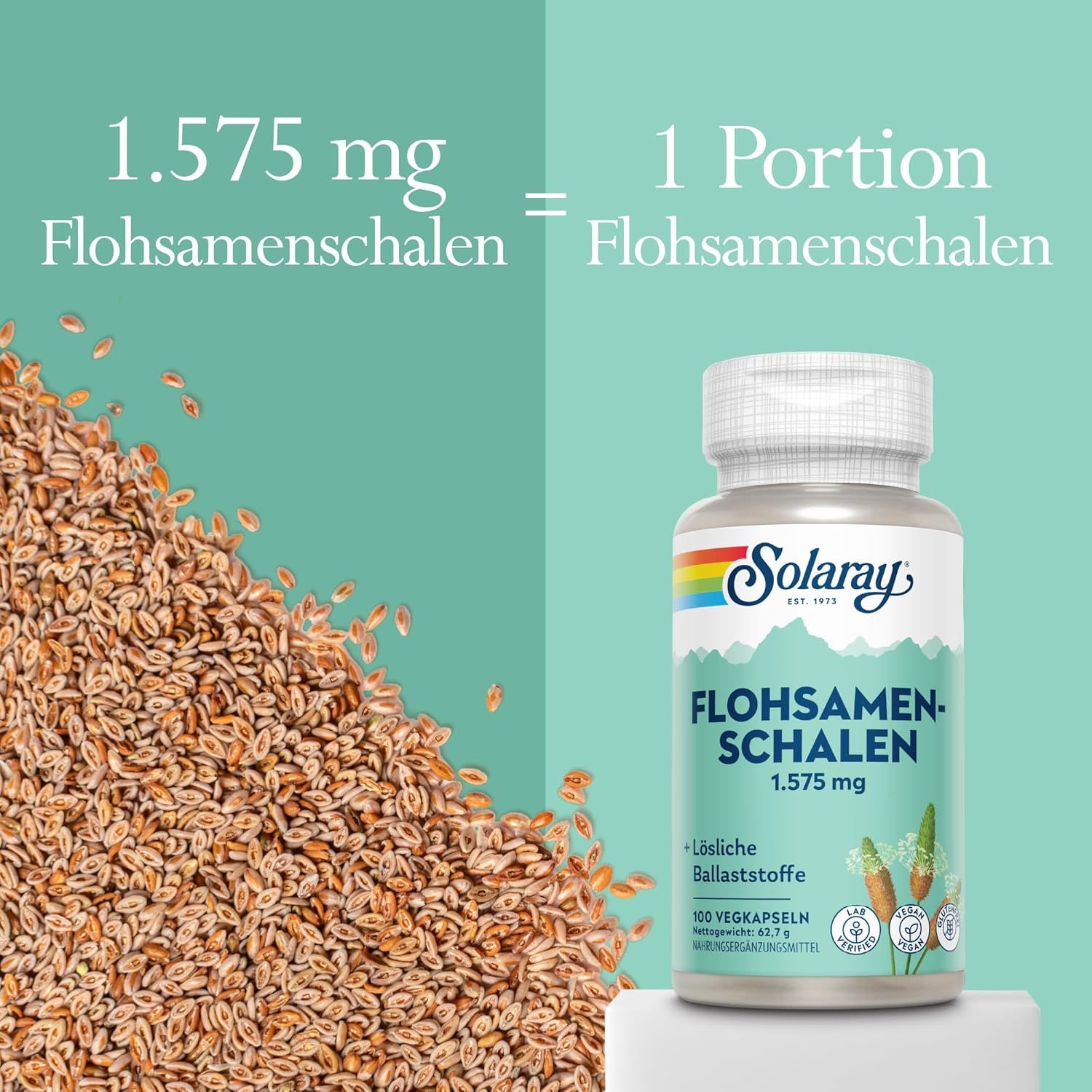 Confronto: 1575 mg di bucce di psillio = 1 porzione. Accanto, una bottiglia di capsule di bucce di psillio Solaray.