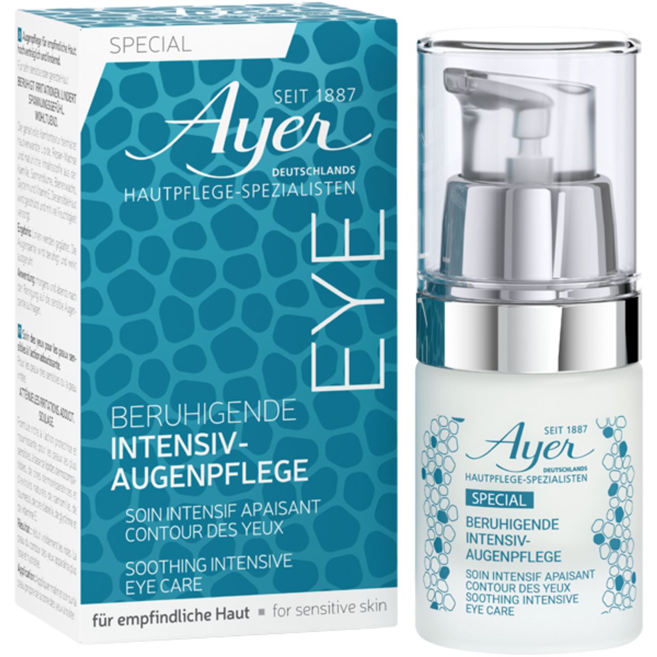 Ayer Eye Care. Flacone e confezione. Testo: Beruhigende Intensiv-Augenpflege, Soin intensif apaisant contour des yeux, Soothing Intensive Eye Care.