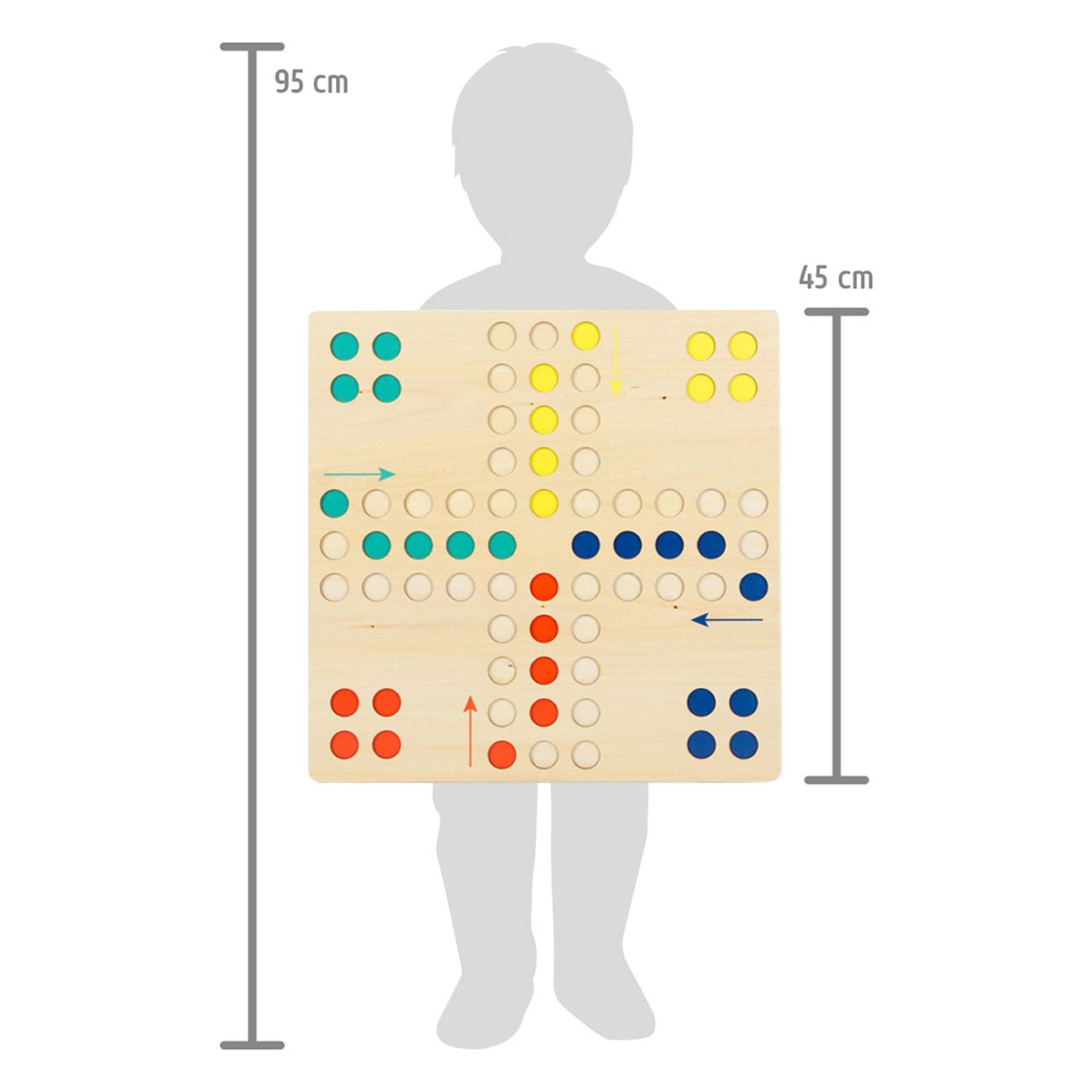 Bambino tiene in mano il tabellone di Ludo. Dimensioni: 95 cm di altezza, 45 cm di larghezza. Tabellone in legno.