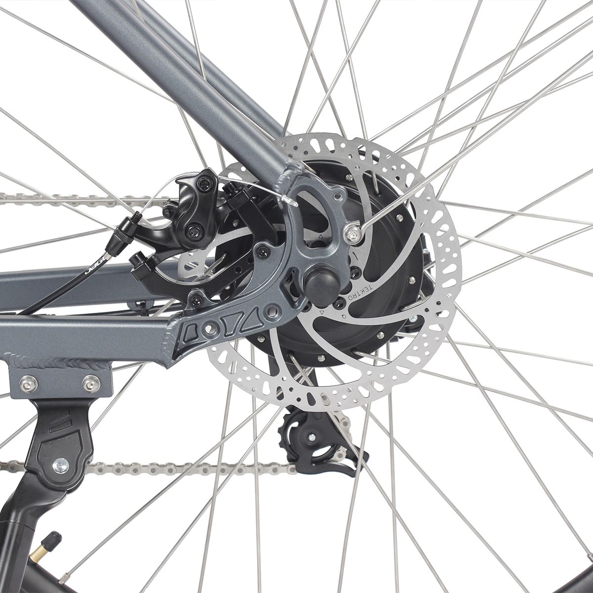 Ruota posteriore dell'e-bike grigia. Freno a disco, cassetta, catena. Telaio e sospensione visibili.