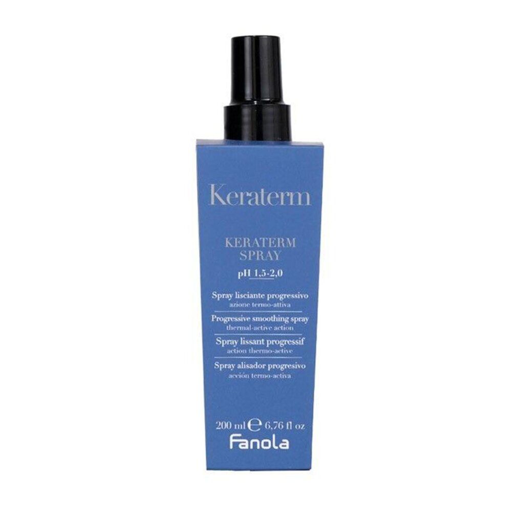 Flacone spray blu rettangolare con erogatore nero. Scritta: Keraterm Spray, pH 1.5-2.0, Fanola. Contiene 200 ml.