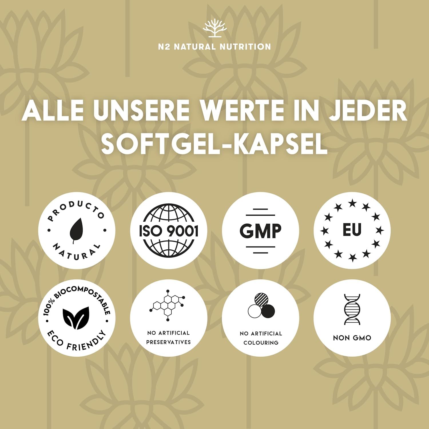 Loghi circolari: Prodotto, ISO 9001, GMP, EU, 100% compostabile, senza conservanti, senza coloranti, senza OGM.