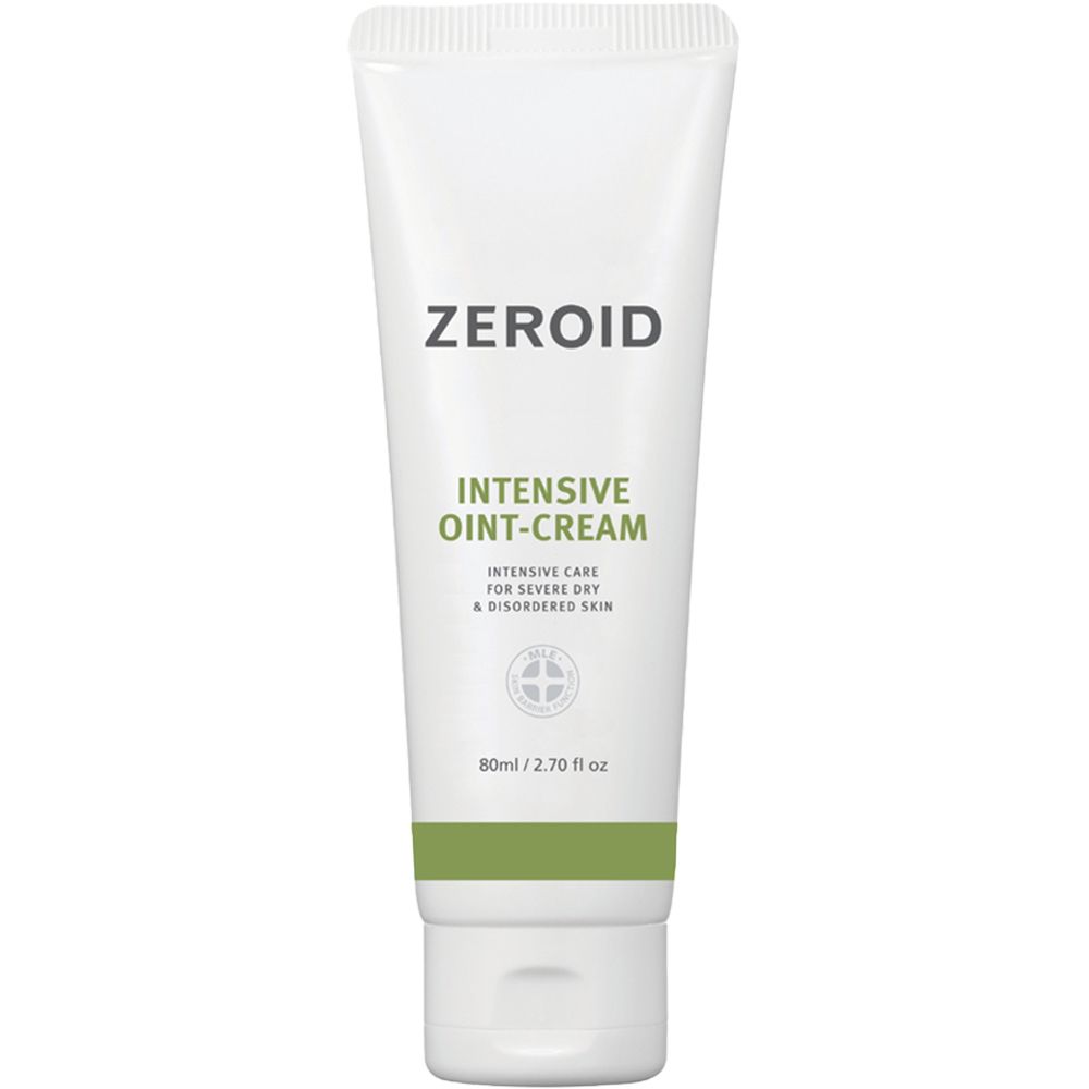 Tubo bianco con fascia verde. Scritta: ZEROID, INTENSIVE OINT-CREAM. Testo: Cura intensiva per la pelle secca.