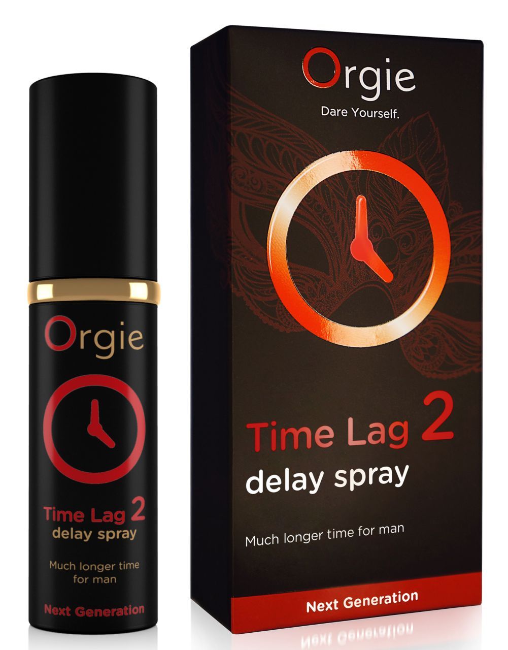 Flacone e confezione spray ritardante Orgie Time Lag 2 con simbolo orologio.