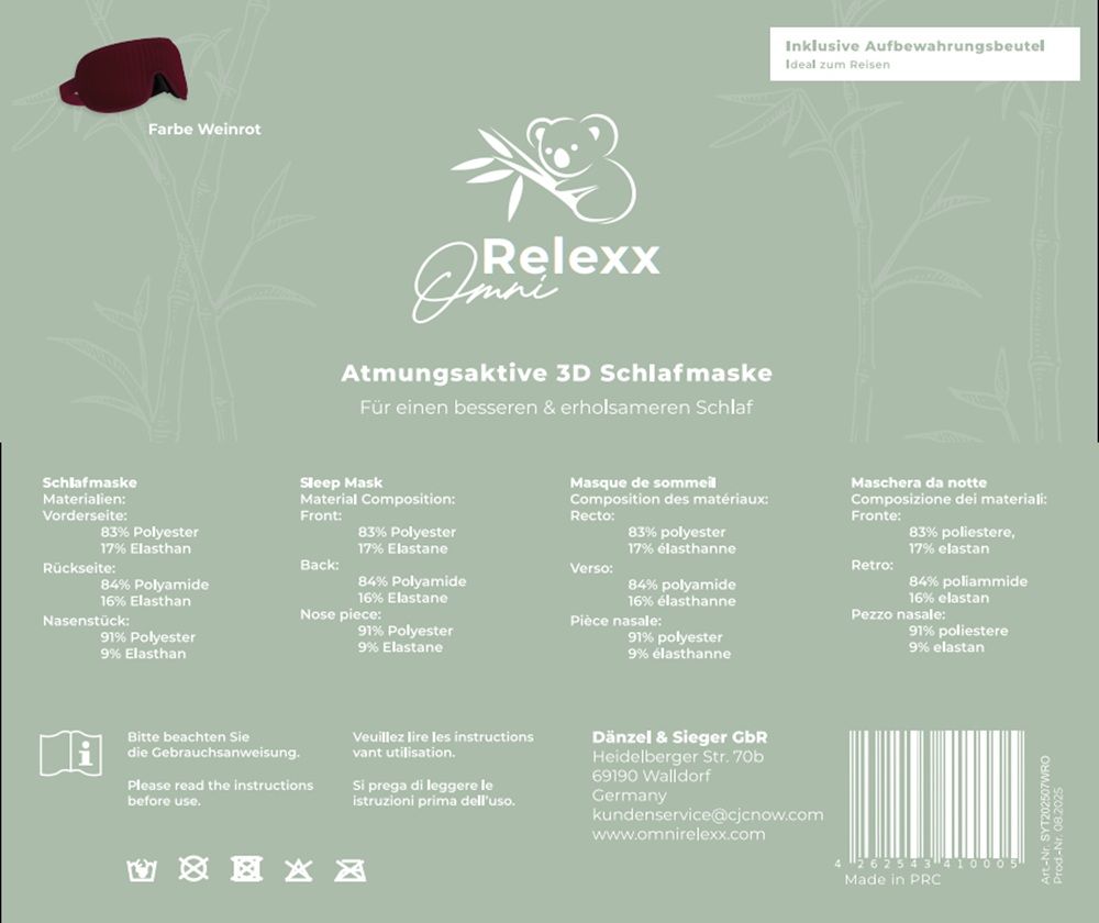 Confezione della maschera per dormire. Testo: "Maschera per dormire 3D traspirante". Composizione del materiale.