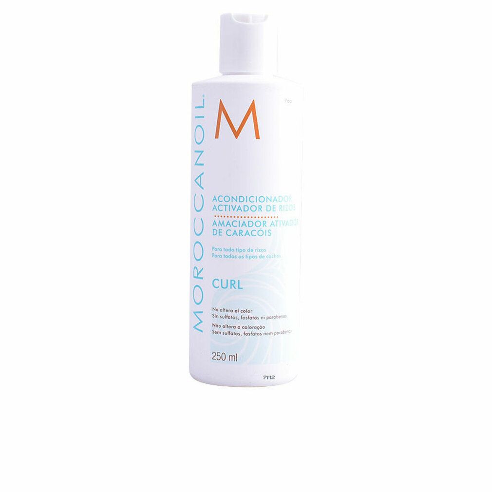 Flacone bianco con etichetta blu. Testo: Moroccanoil, Acondicionador Activador de Rizos, Curl. 250 ml.