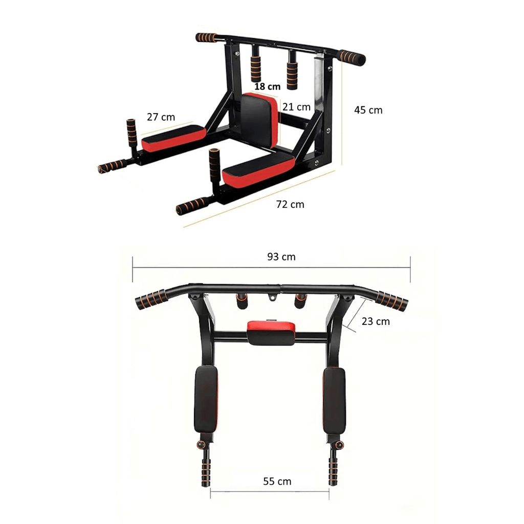 Barra per trazioni nera con imbottitura rossa. Dimensioni: 72 cm di larghezza, 45 cm di altezza. Ulteriori dimensioni indicate.