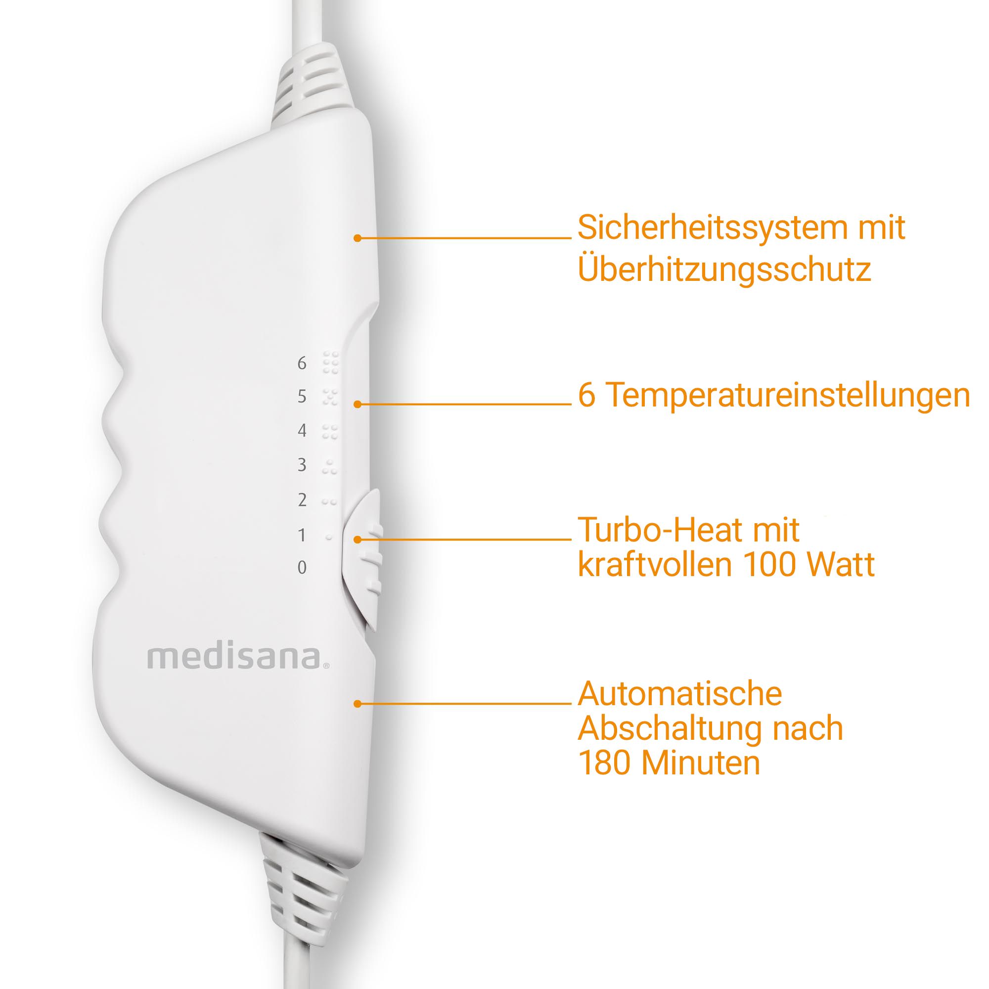 Controllo di una coperta riscaldante medisana con 6 impostazioni di temperatura, Turbo-Heat, 100 watt e spegnimento automatico 180 minuti.