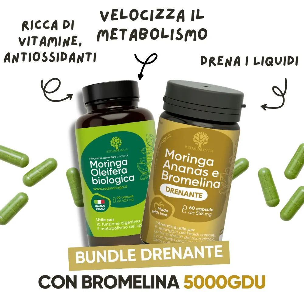 Due flaconi con capsule verdi. Testo: Moringa Oleifera biologica, Moringa Ananas e Bromelina. Frecce indicano i prodotti.