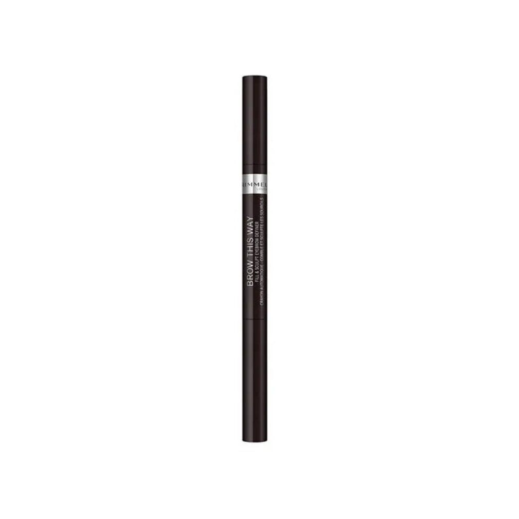 Matita doppia per sopracciglia. Rimmel London Brow This Way Fill And Sculp Eyebrow Definer. Marrone scuro. Testo sulla matita.
