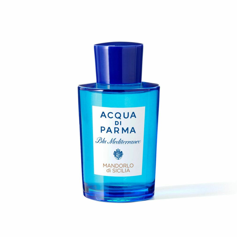 Flacone di eau de toilette blu. Scritta: ACQUA DI PARMA Blu Mediterraneo Mandorlo di Sicilia.