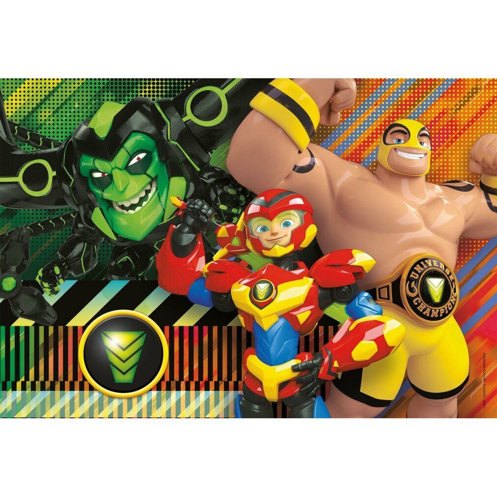 Pezo di puzzle con tre personaggi: robot verde, robot rosso e wrestler giallo. Sfondo con logo.