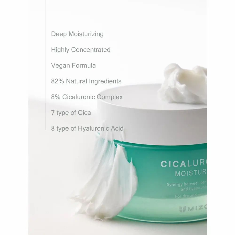 Mani che tengono un vasetto. Crema applicata sul dito. Scritta: CICALURONIC MOISTURIZER, logo MIZON.