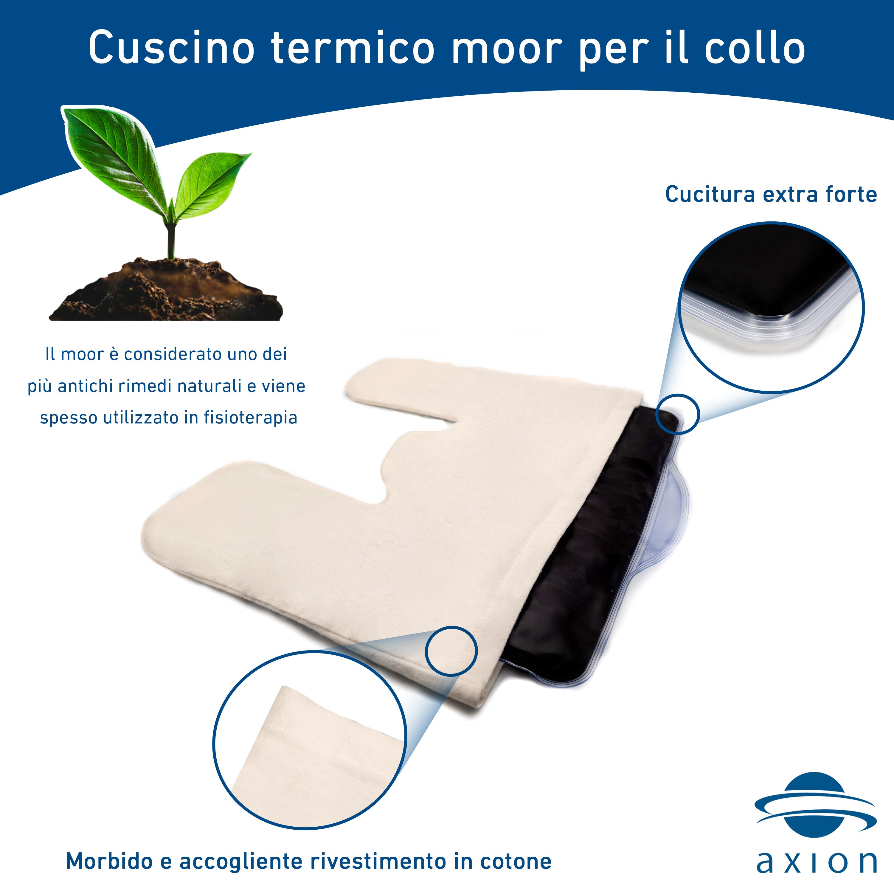 Donna cucina con cuscino termico per collo. Uomo lavora al PC. Testo: Comodo sulle spalle. Non scivola.