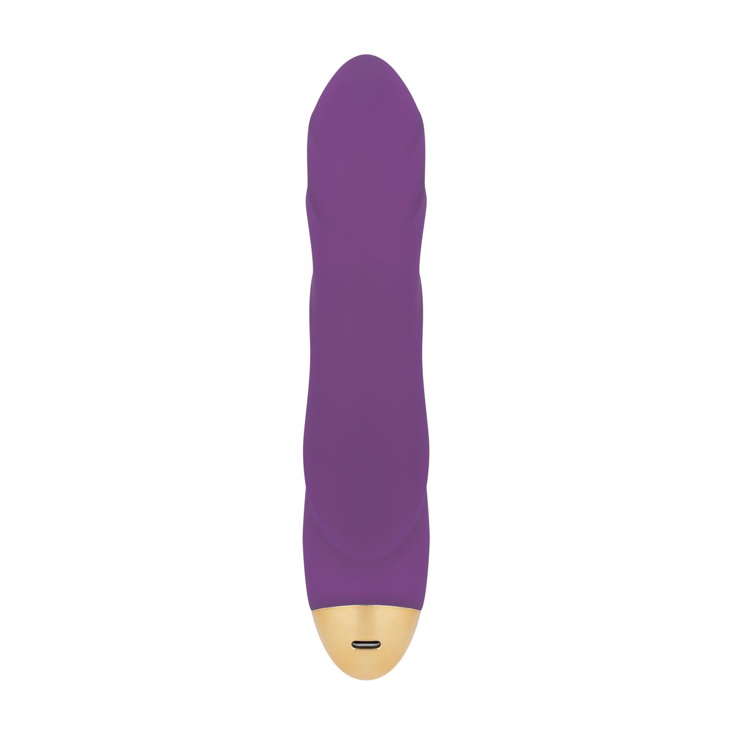 Vibratore viola dritto con superficie a coste e base dorata.