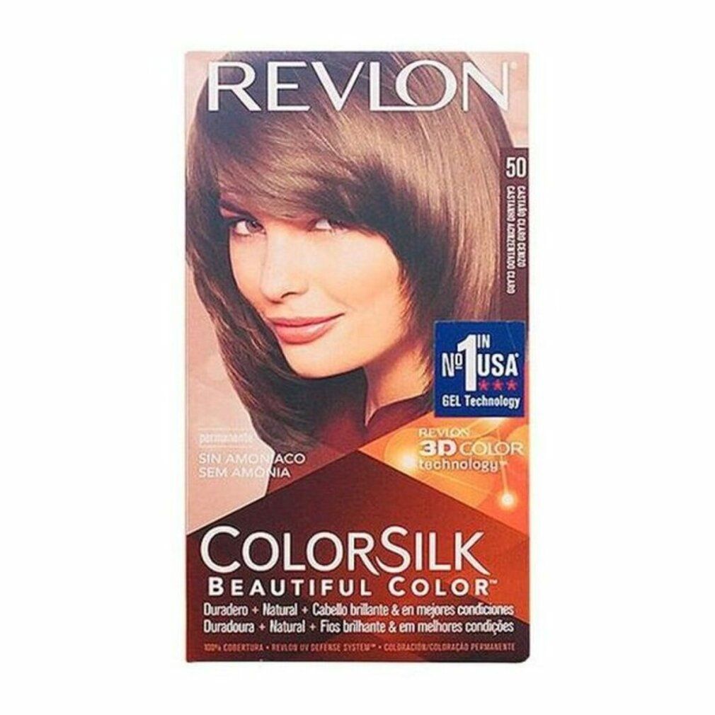Confezione Revlon Colorsilk 50 Light Ash Brown. Donna, nome prodotto, numero colore e logo. Tecnologia 3D Color Gel.