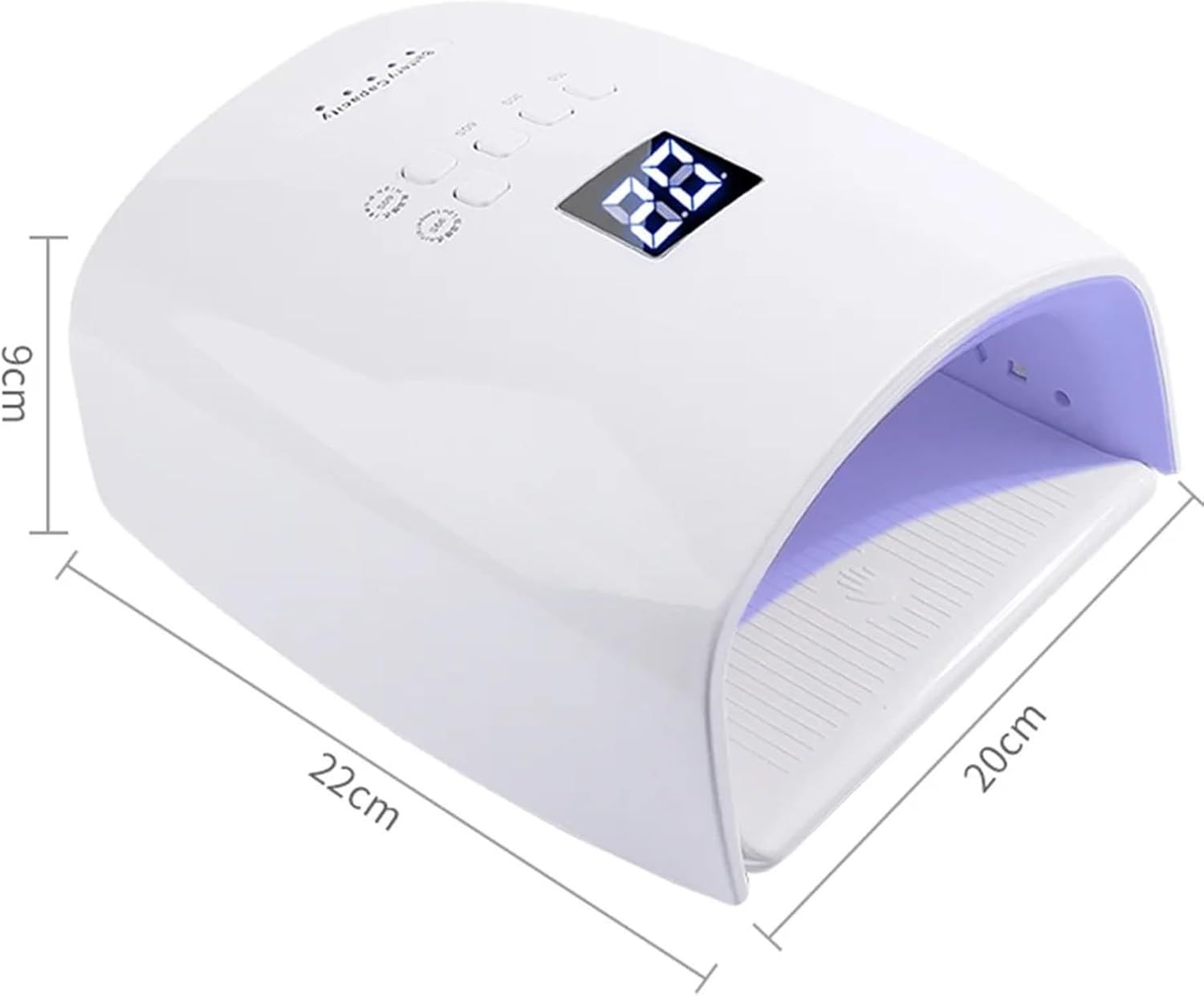 Lampada LED bianca per unghie con dimensioni. Mostra un display digitale. Dimensioni: 22cm x 20cm x 9cm.