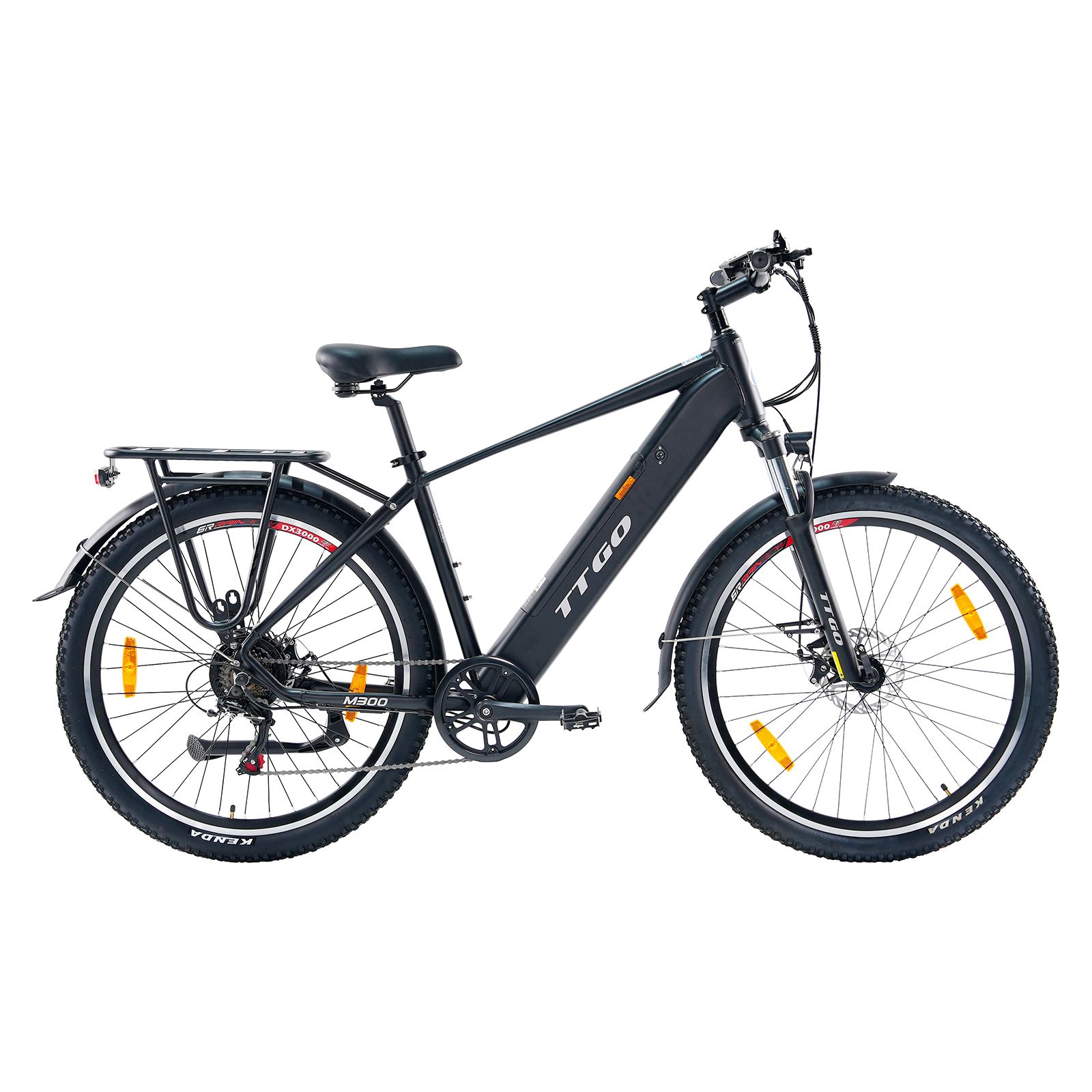 Bicicletta elettrica TTGO M300 nera. Portapacchi, parafanghi, catarifrangenti gialli. Pneumatici Kenda.
