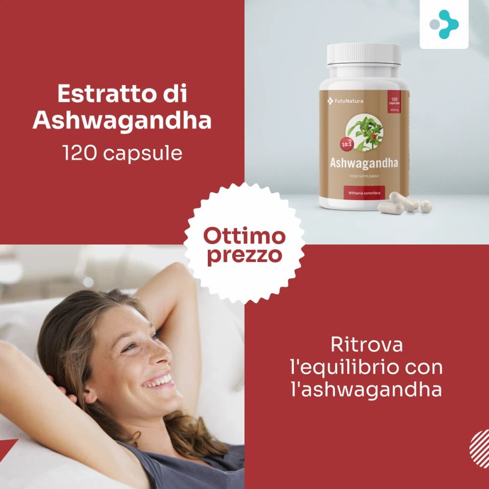 Flacone prodotto e donna. Testo: Estratto di Ashwagandha, 120 capsule. Ottimo prezzo. Donna rilassata.