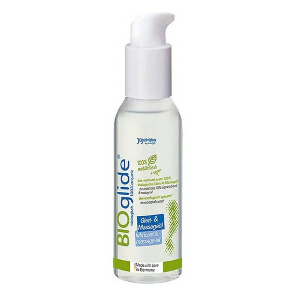 Flacone di BIOglide Gleit- & Massageöl con erogatore bianco. Scritte: BIOglide, 100% organic, Gleit- & Massageöl, Made with Love in Germany.