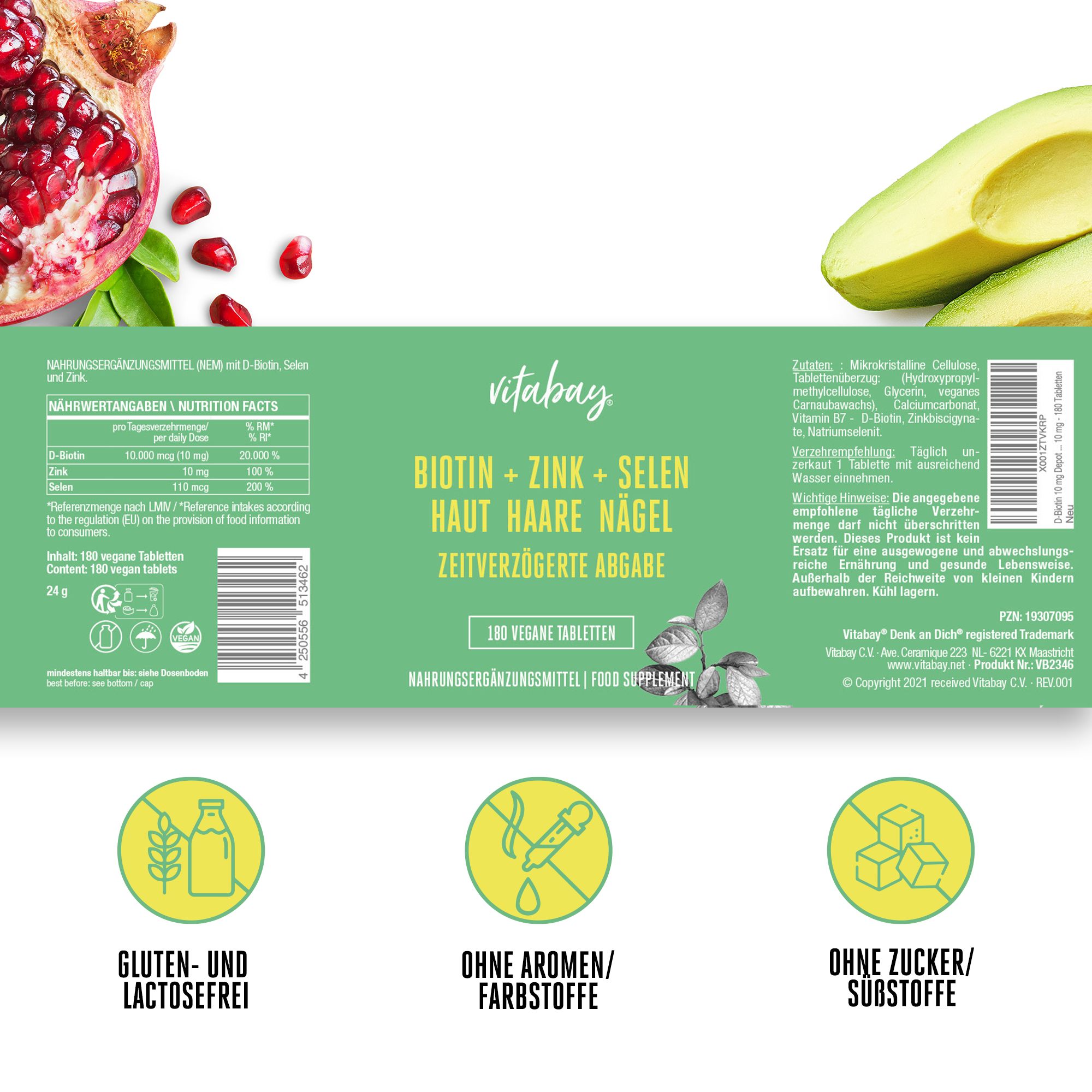 Etichetta del prodotto con informazioni sugli ingredienti e il valore nutrizionale. Testo: Biotina + Zinco + Selenio, pelle, capelli, unghie, rilascio prolungato. Vegano.