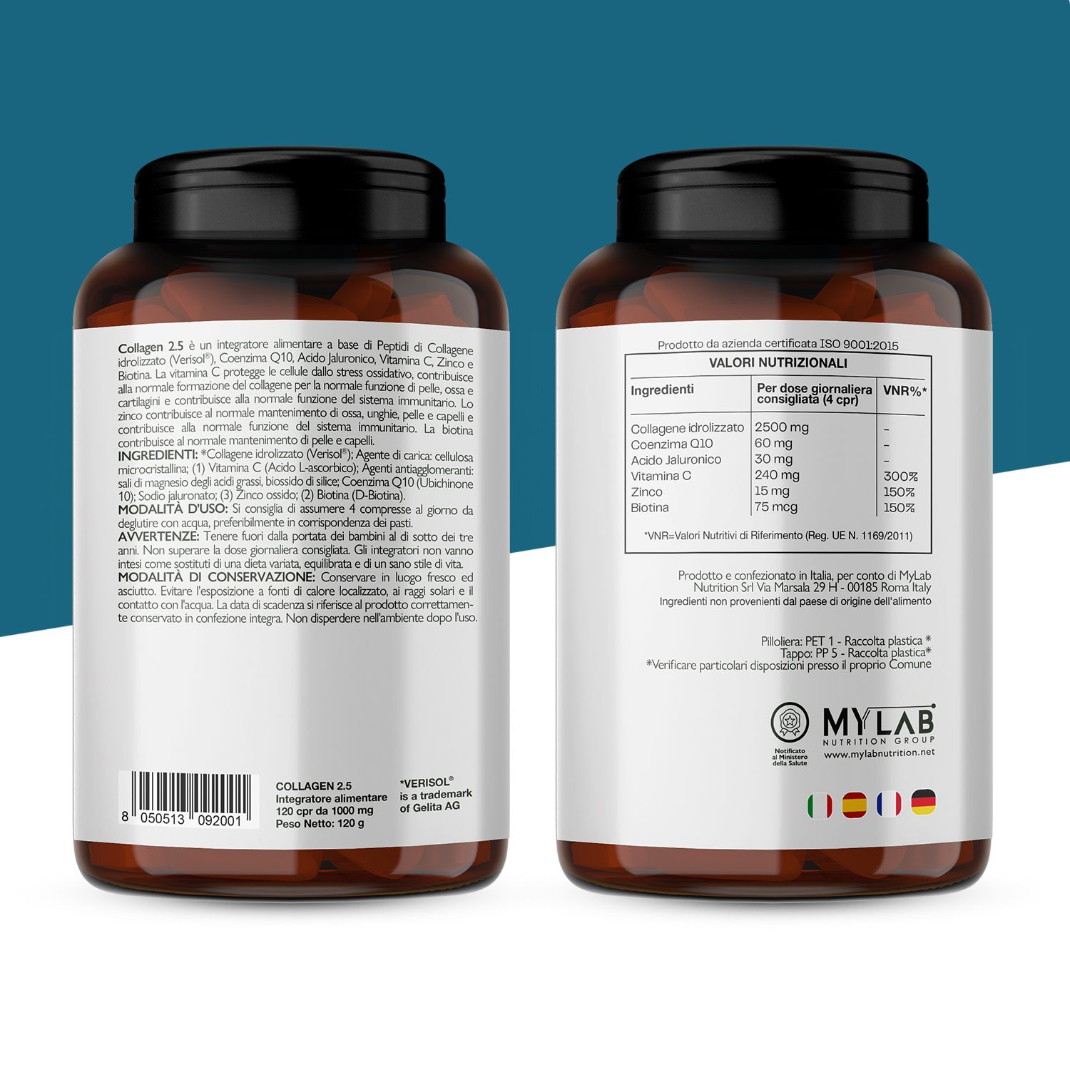 Nutracle Collagene 2.5: Fronte e retro di un flacone da 120 compresse, informazioni nutrizionali.