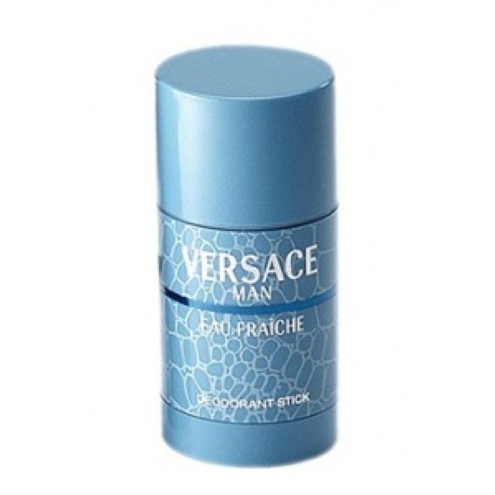 Stick deodorante azzurro. Scritta: VERSACE MAN EAU FRAICHE DEODORANT STICK. Forma cilindrica.