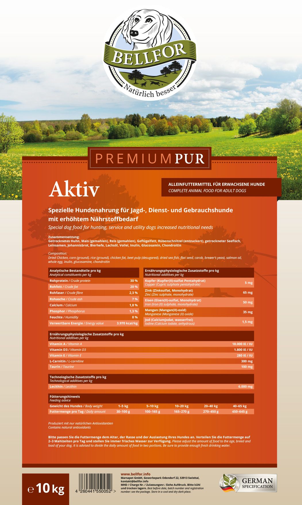 Bellfor Cibo per cani senza glutine per cani sportivi - PREMIUM PUR Attivo