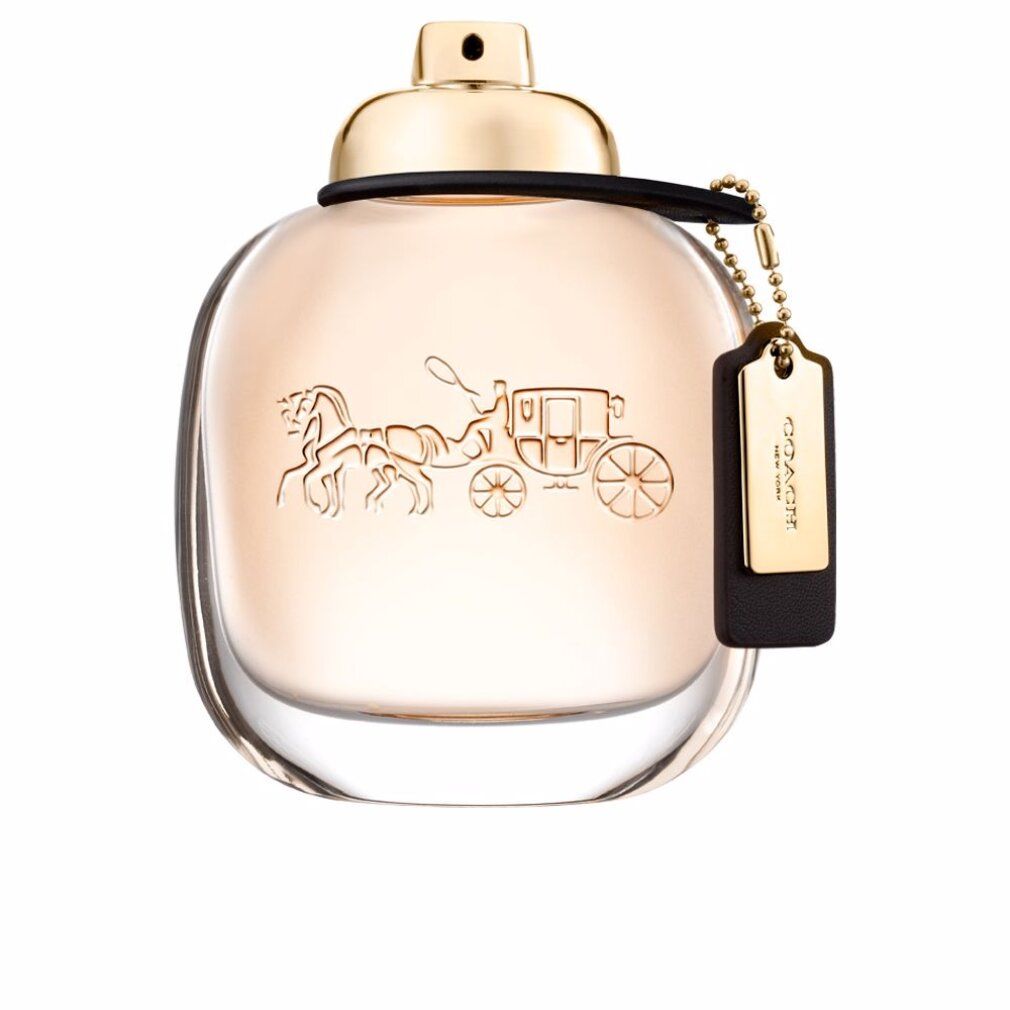 Flacone Coach New York Eau de Parfum con tappo dorato e ciondolo. Il logo della carrozza Coach è in rilievo.