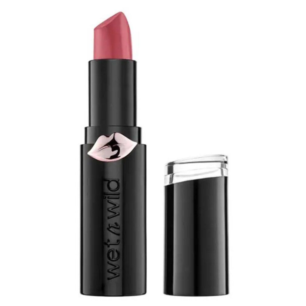 Rossetto rosa. Astuccio nero con logo bianco. Aperto, cappuccio accanto.