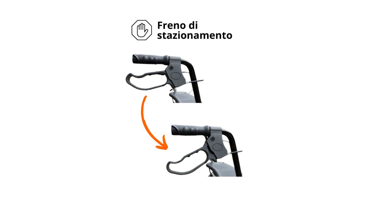 Primo piano dei freni di un deambulatore. Maniglie nere con leve freno. Simbolo freno di stazionamento.