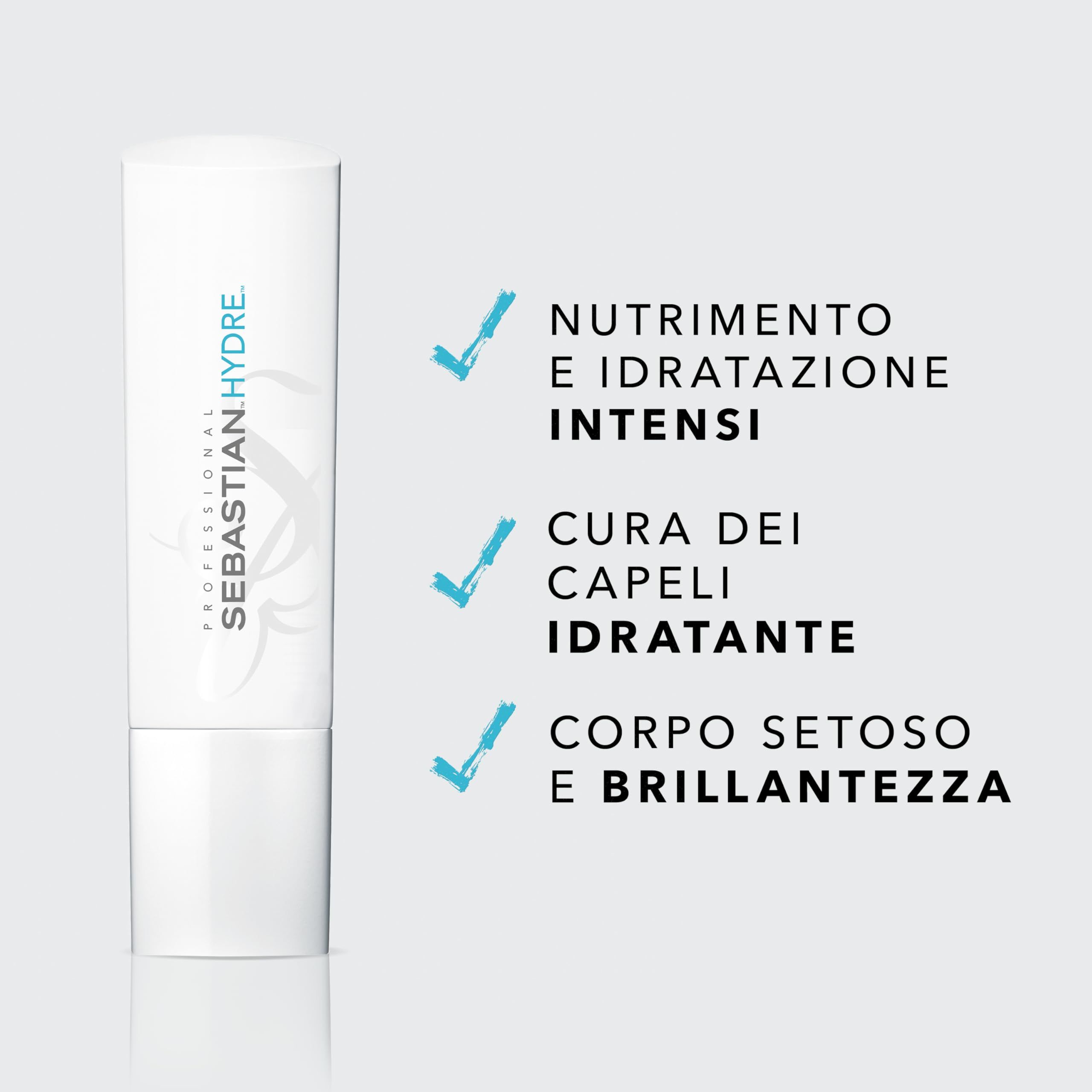 Tubo con testo: NUTRIZIONE E IDRATAZIONE INTENSI, CURA DEI CAPELLI IDRATANTE, CORPO SETOSO E BRILLANTEZZA.