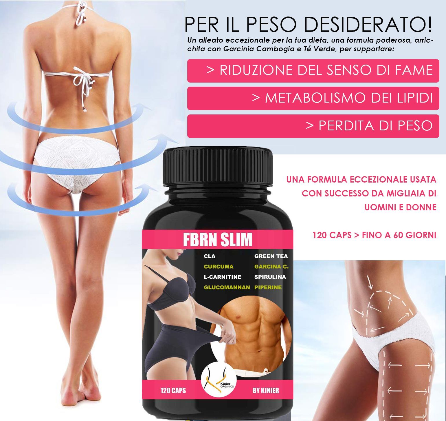 Flacone nero con capsule FBRN SLIM. Immagine di donna e uomo. Ingredienti visibili. 120 capsule.
