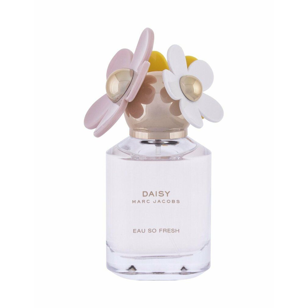 Flacone di profumo con fiori rosa e bianchi sul tappo. Scritta: Daisy Marc Jacobs Eau So Fresh.