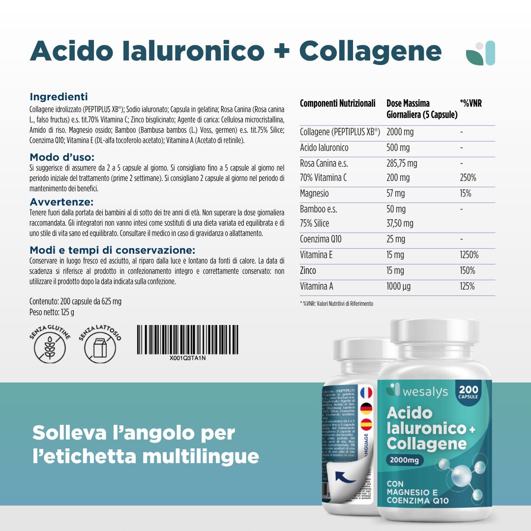 WESALYS® Acido Ialuronico + Collagene - Integratore alimentare per la Pelle e Articolazioni