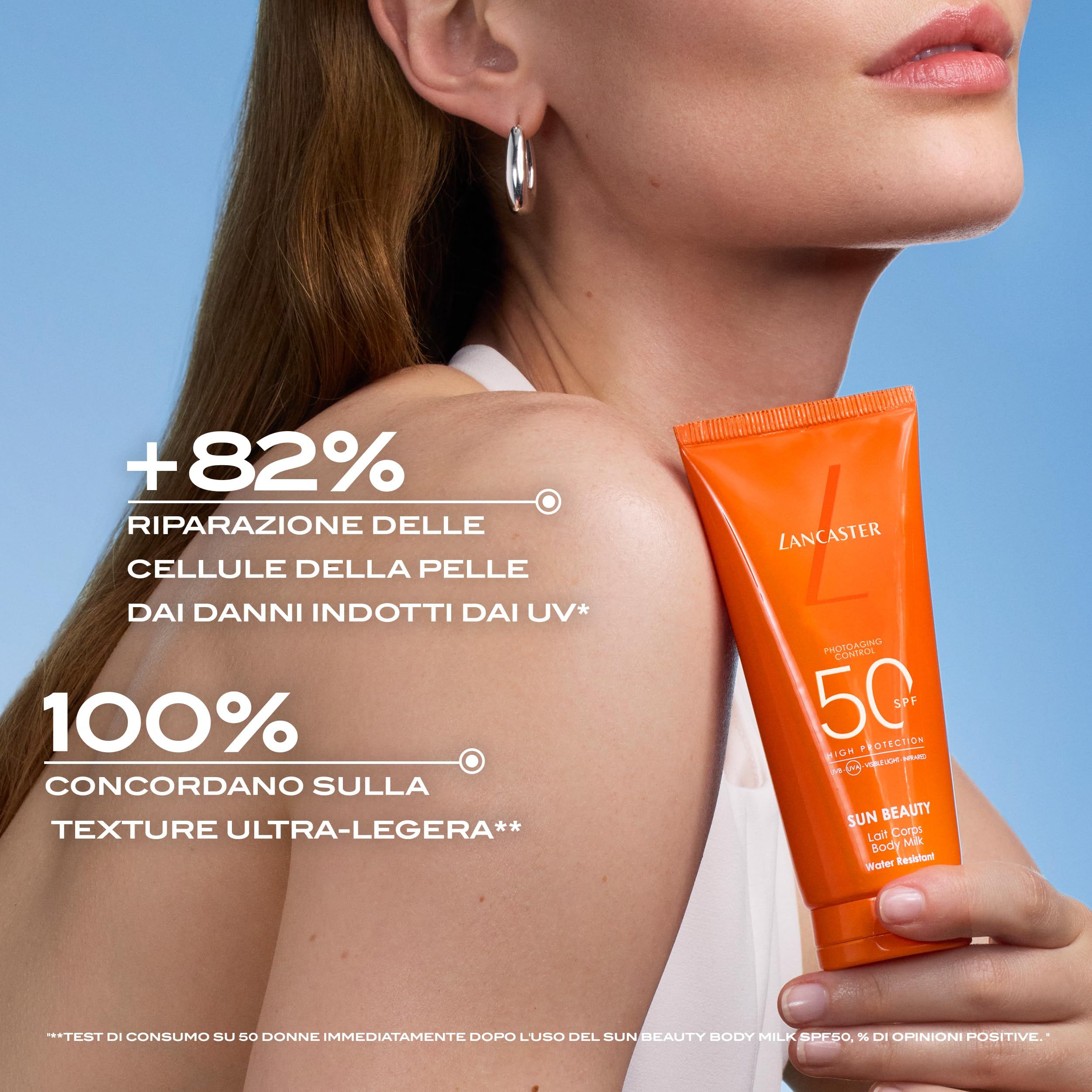 Donna con tubo di crema solare. Testo: Lancaster, 50 SPF, Sun Beauty, Body Milk. Testo: +82% riparazione delle cellule cutanee.