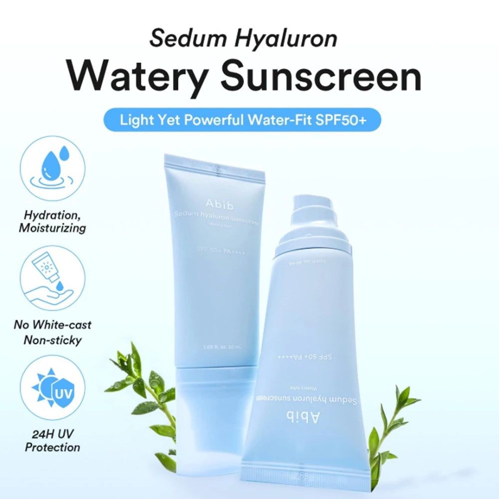 Due tubetti azzurri di crema solare Abib Sedum Hyaluron con icone per idratazione, senza residui e protezione UV 24h.