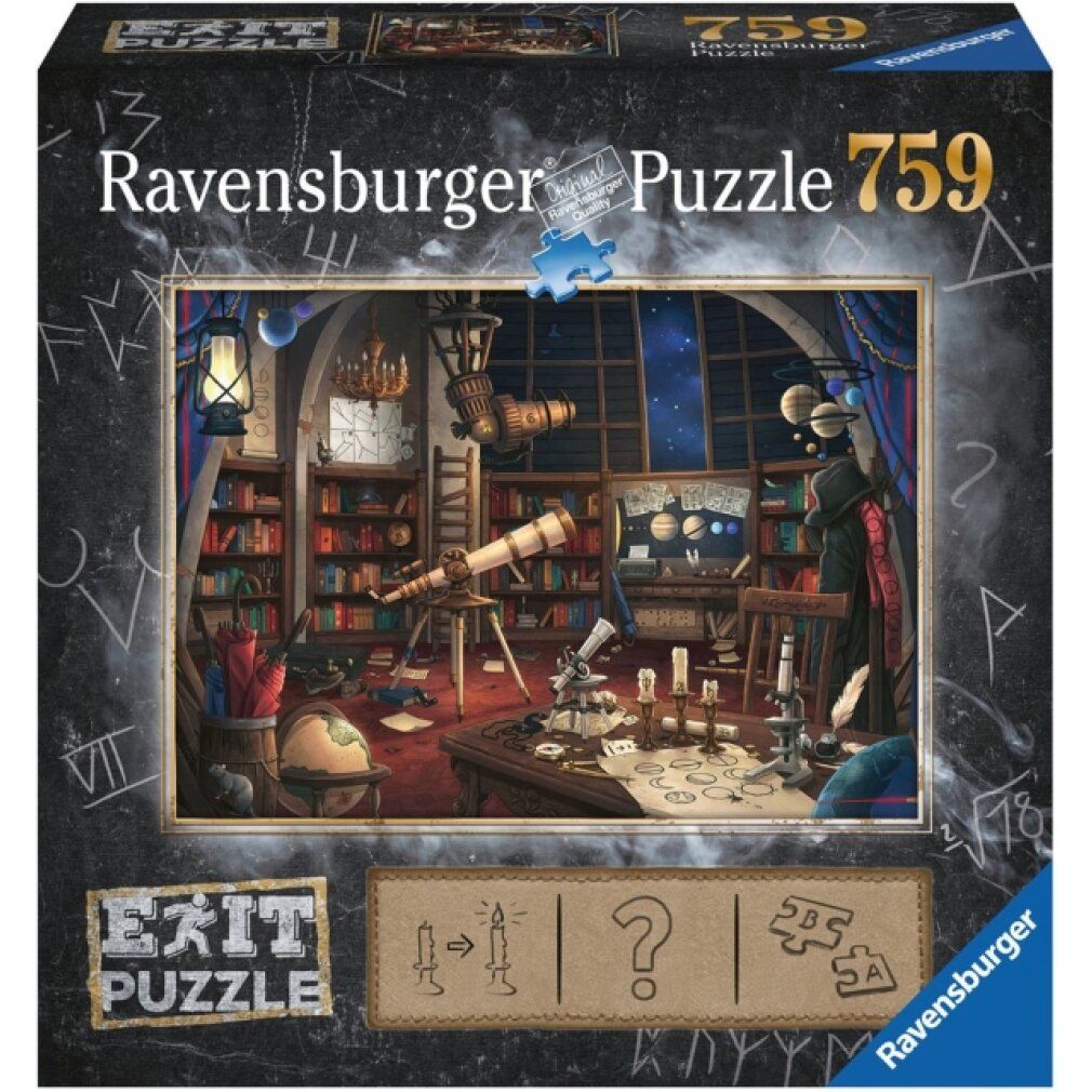 Scatola puzzle "Ravensburger Puzzle 759". L'immagine mostra un osservatorio. Sotto, "EXIT PUZZLE" e "LEVEL".