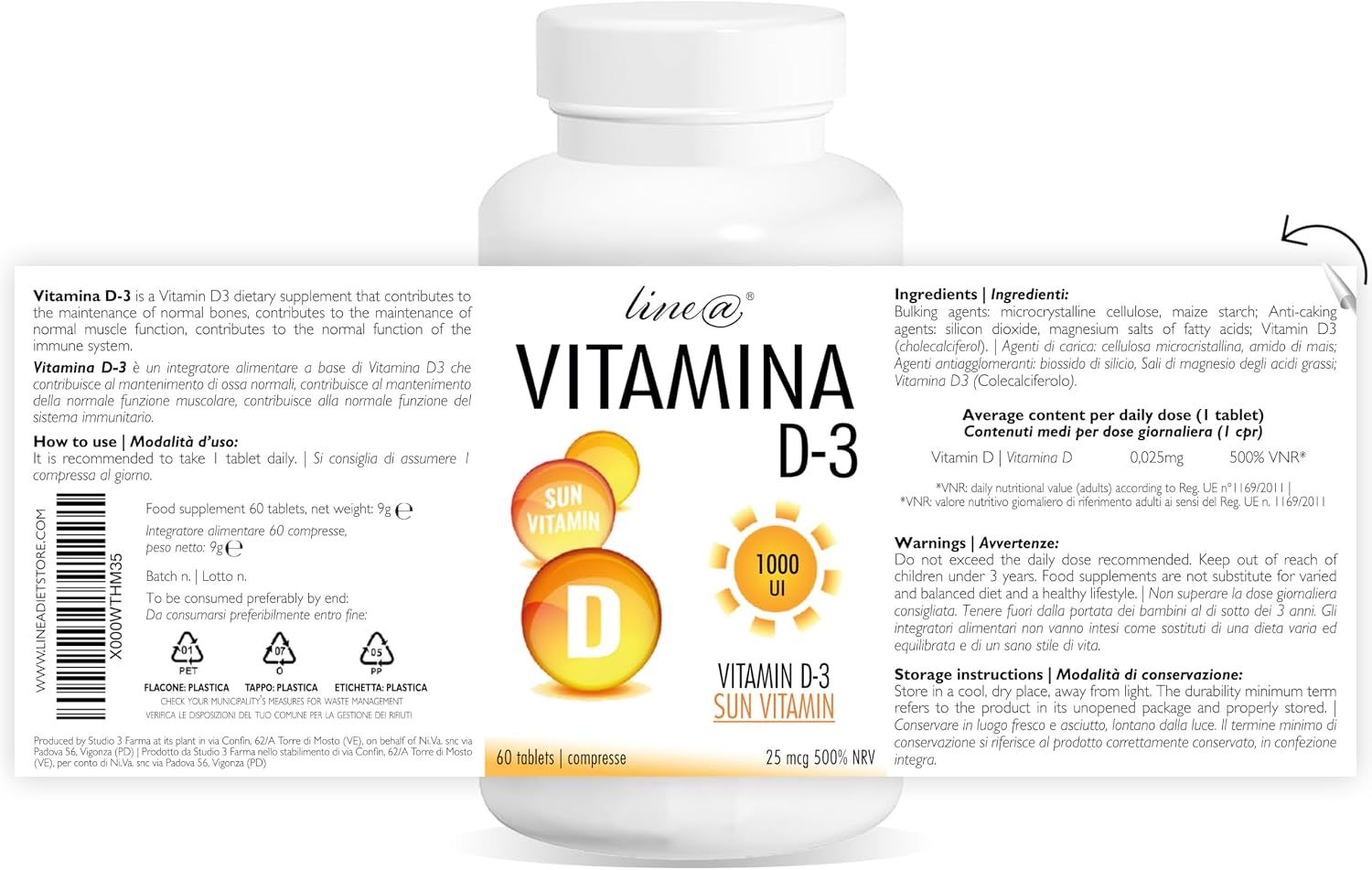 Flacone di VITAMINA D-3 (Vitamina del Sole) 1000 UI, 25 mcg, 500% VNR.