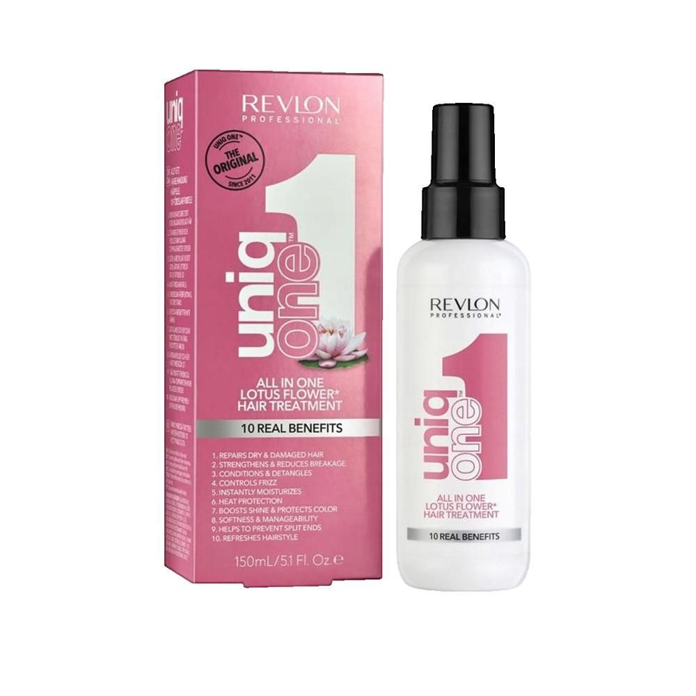 Trattamento per capelli e confezione. Trattamento bianco, confezione rosa. Testo: Uniq One, Lotus Flower, 10 benefici.