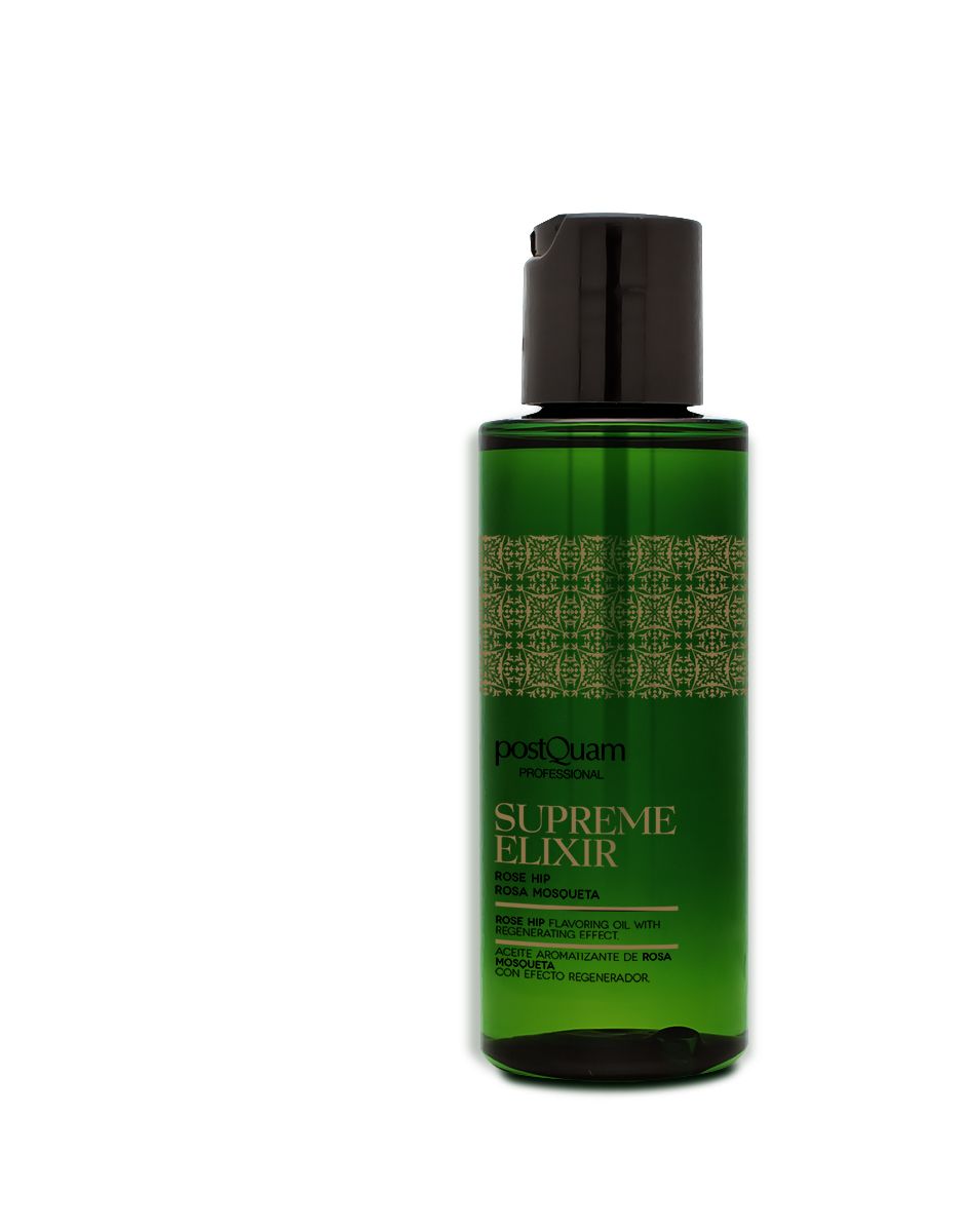 Flacone verde con tappo nero. Scritta: Postquam Supreme Elixir Rose Hip.