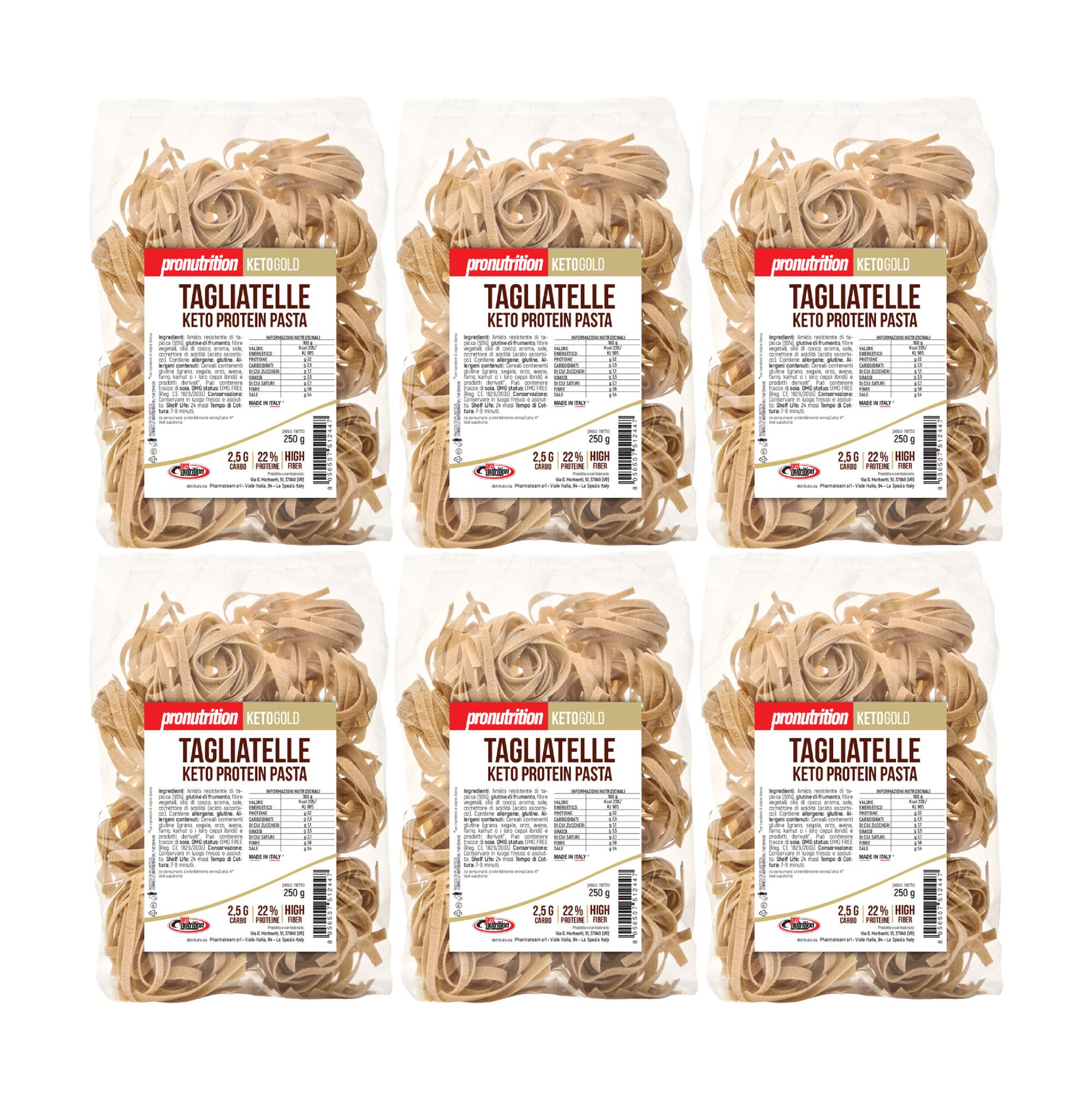 Pronutrition Pasta Keto - 6 confezioni 250 g Tagliatelle - Pasta proteica low carb - Made in Italy