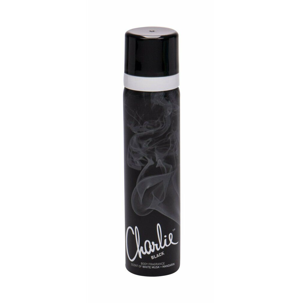 Spray corpo nero con design fumo. Scritta "Charlie Black". Tappo nero.