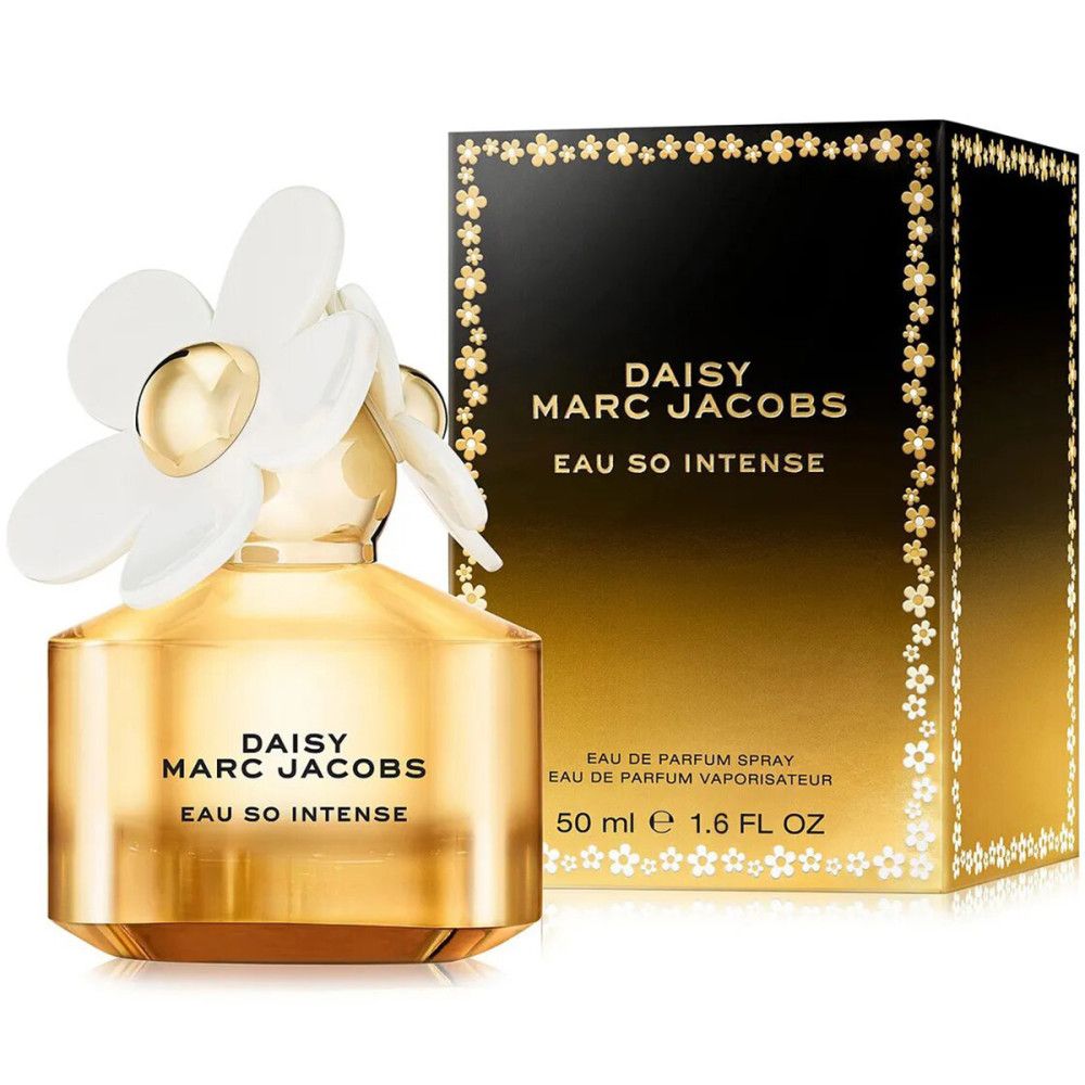 Flacone di profumo con fiore bianco e scatola. Scritta: Daisy Marc Jacobs Eau So Intense. 50 ml.