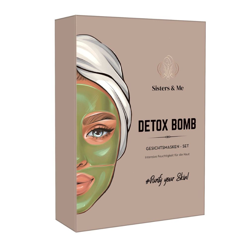 Set di maschere per il viso in confezione. Scritta "Sisters & Me", "Detox Bomb". Immagine di un viso con maschera verde.