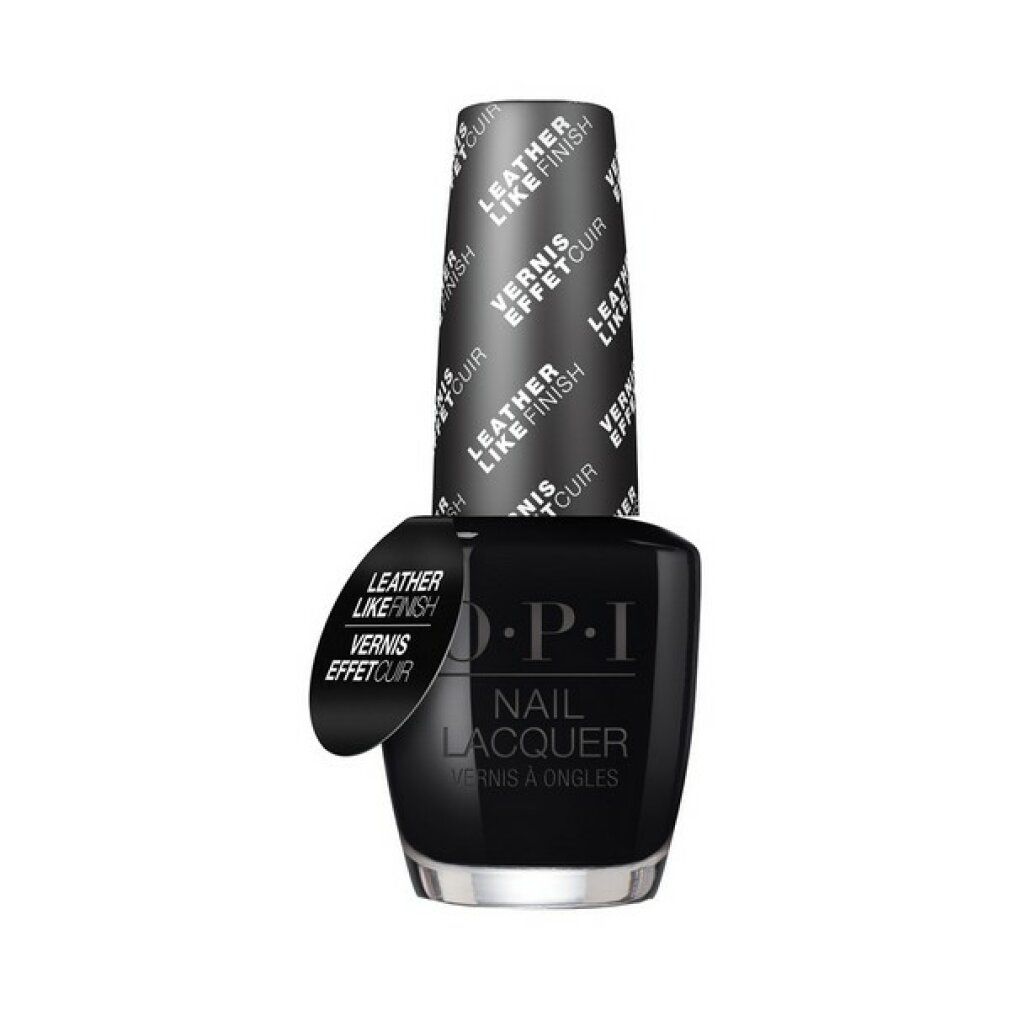 Smalto per unghie OPI nero. Tappo nero. Scritta: Nail Lacquer, Vernis à Ongles. Con etichetta: Leather Like Finish.