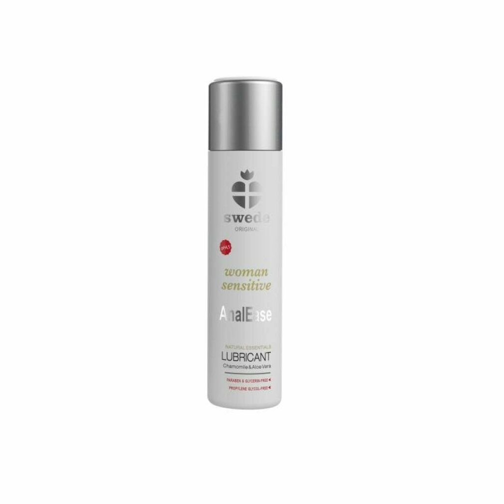 Flacone cilindrico con tappo argentato. Scritta: Swede, woman sensitive AnalEase, Lubricant. Dermatologicamente testato.