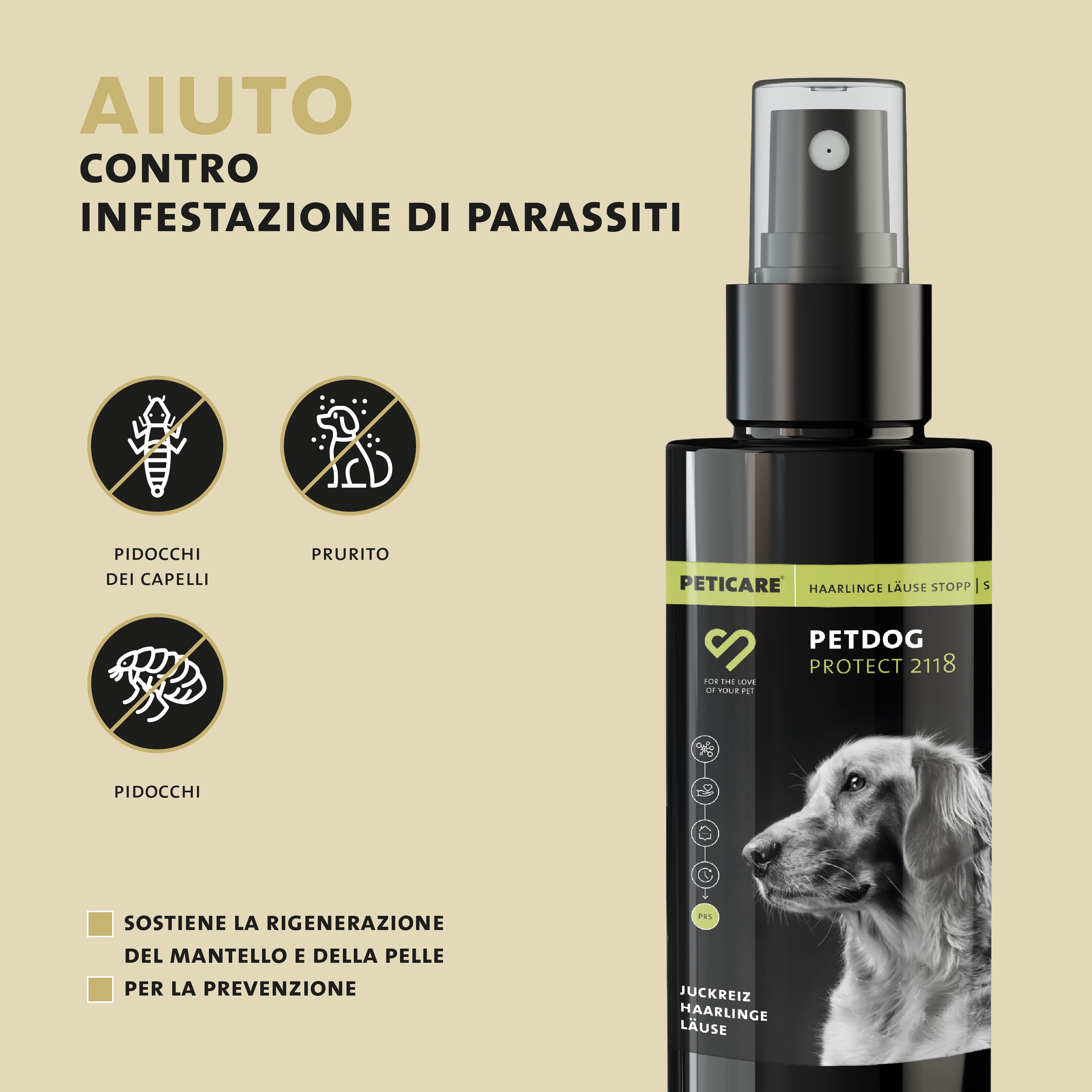 Flacone spray nero con testo: Peticare Petdog Protect 2118. Illustrazioni: pidocchi, pidocchi, prurito.
