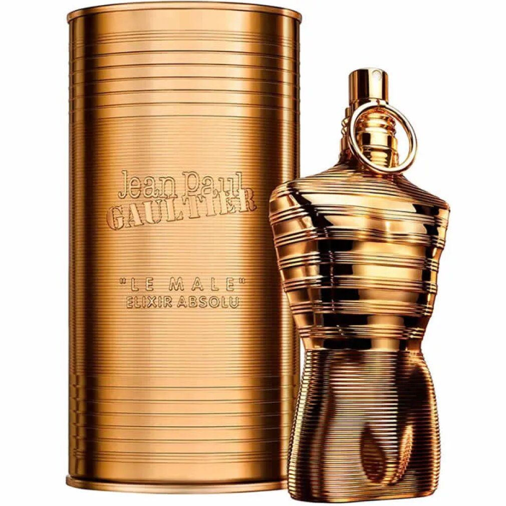 Flacone dorato a forma di torso e confezione cilindrica. Scritta: Jean Paul Gaultier, Le Male Elixir Absolu.