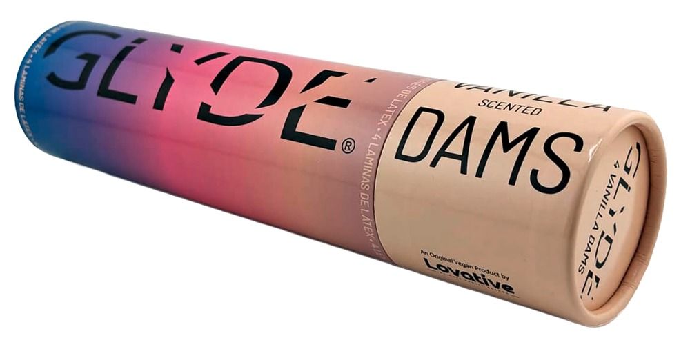Confezione cilindrica. Scritta: GLYDE DAMS, VANILLA, profumato. Logo: Lovative. Sul lato: GLYDE DAMS.